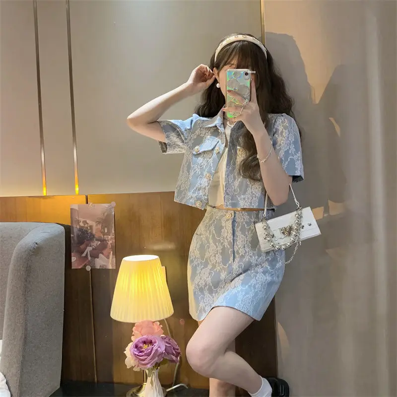 

Korea Two Piece Set Skirt Jacket Denim Blue Fashion Set Women'S Summer New Short Style Two Piece Sets