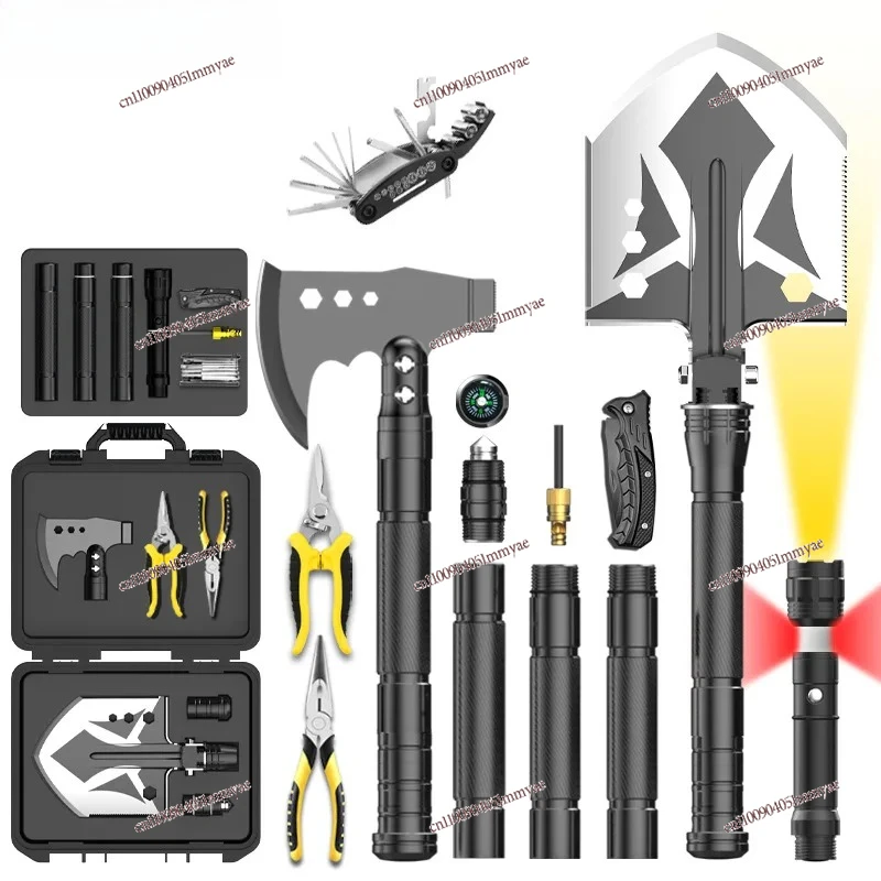 

The Multifunctional Backcountry Camping Tool Includes Foldable Shovel Foldable axe Survival Kit.