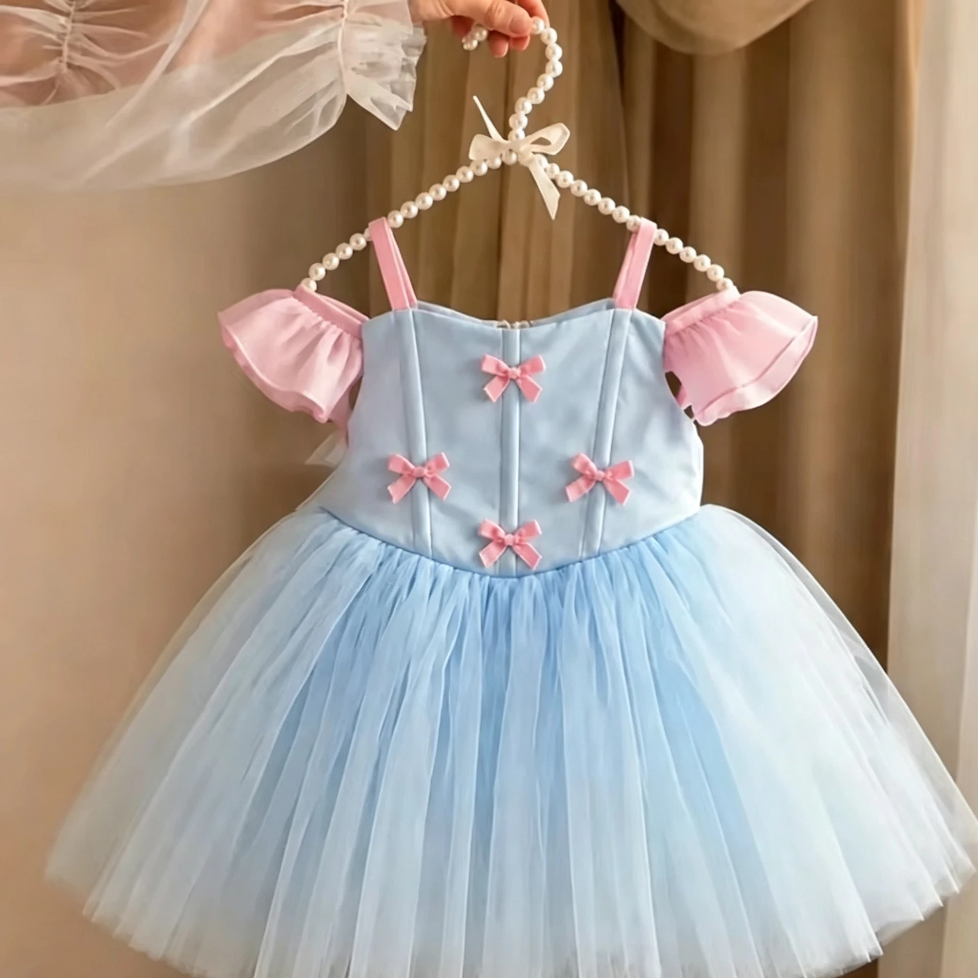 Customized Pink Flower Girl Dress For Wedding Bow Short Sleeve Knee Length Elegant Kids Birthday Party First Communion Gown