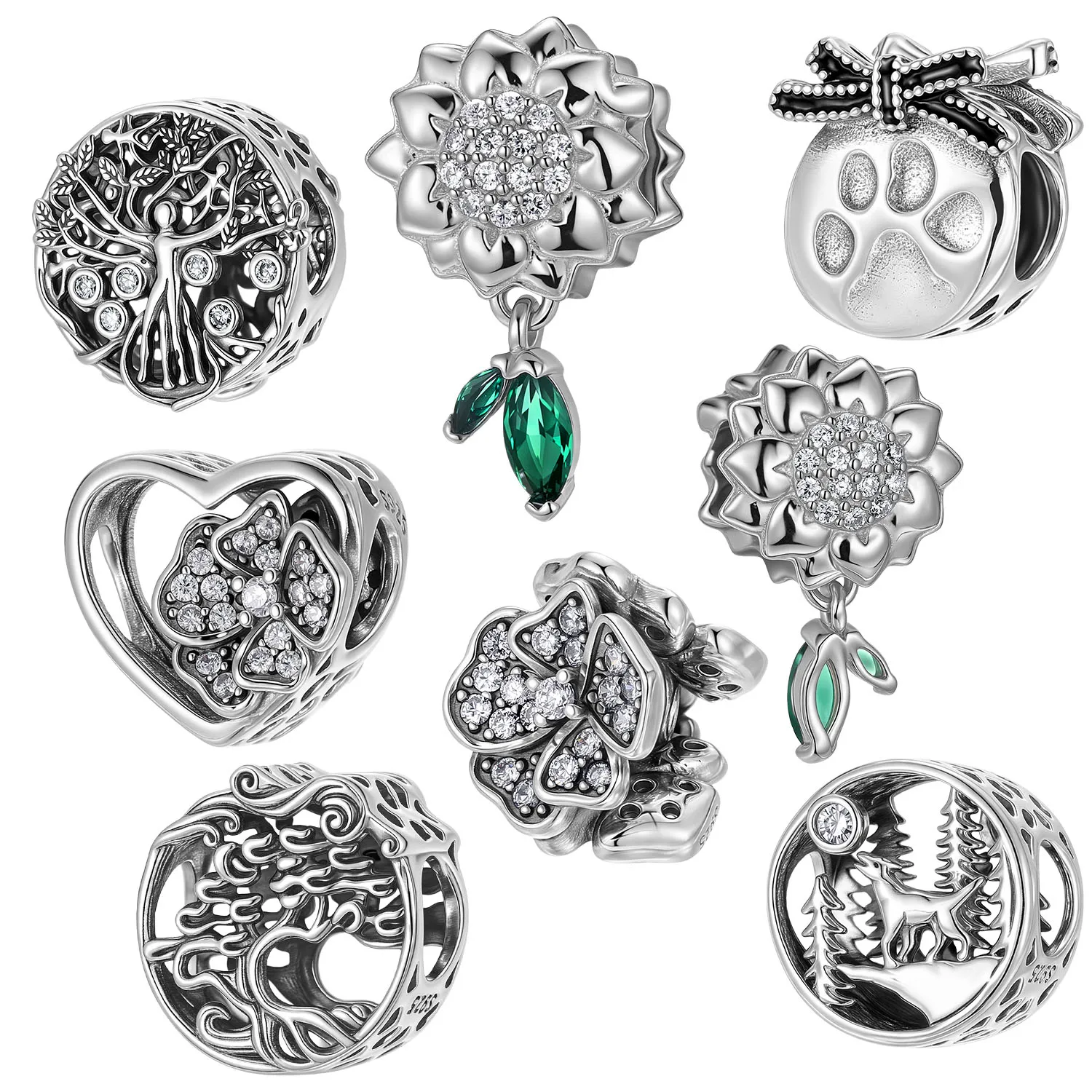 

925 Sterling Silver Family Dog Paw Print Love Life Tree White Sunflower Charm Fit Original Bracelet Diy Jewelry Accessories