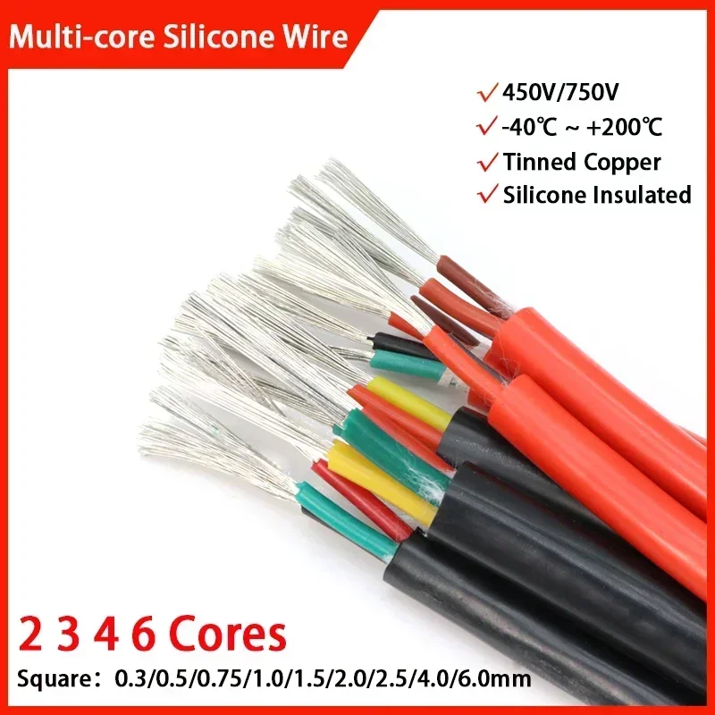 

2/5M Sq 0.3 0.5 0.75 1 1.5 2 4mm Ultra Soft Silicone Rubber Cable 2 3 4 6 Cores Insulated Flexible Copper High Temperature Wire