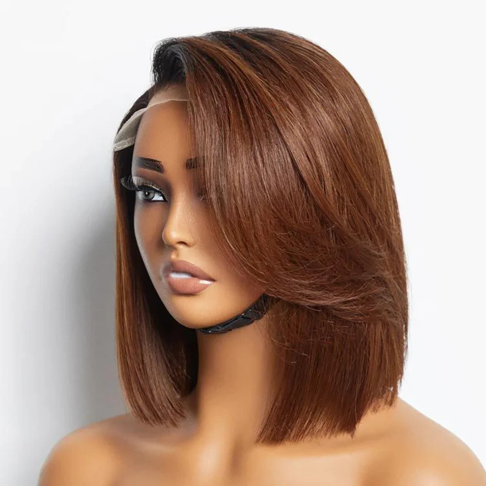

Chocolate Brown Straight Bob Wigs 13x4 Lace Front Human Hair Wigs 220% Density Pre Plucked 100% Real Human Hair Wigs Color #4