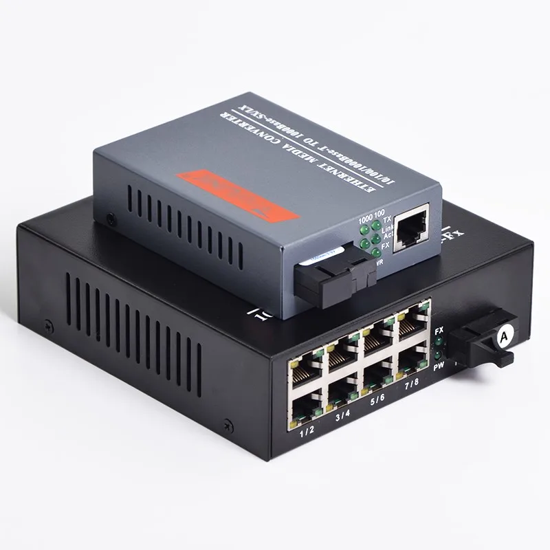 Gigabit Fiber Transceiver, SC 1 Fiber 8RJ45 + 1 RJ45, Singlemode, 10 m, 100 m, 1000m Media Converter, 20km, 1 Pair