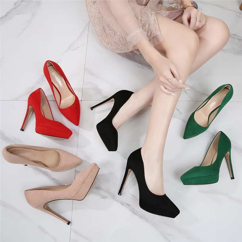 2023 Women 12cm High Heels Scarpin Valentine 2.5cm Platform Heels Pumps Lady Pointed Toe Heels Green Flock Plus Size Prom Shoes