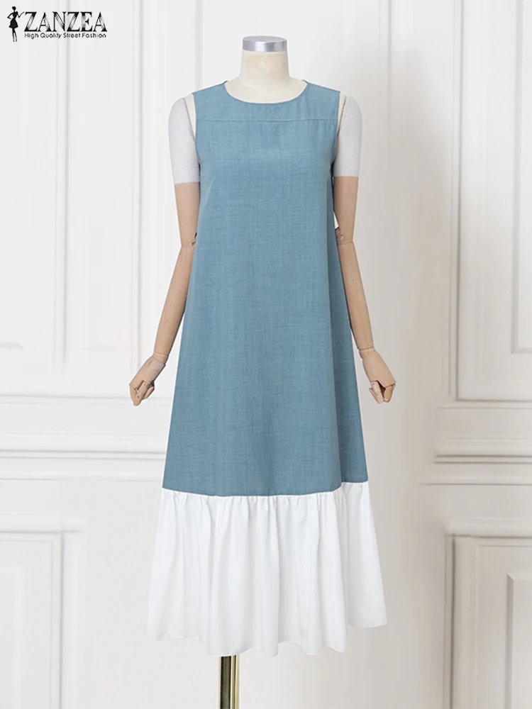 ZANZEA Elegant Maxi Dress Summer Color Patchwork Long Sundress 2025 Women Sleeveless Ruffled Party Holiday Robe Shirt Vestidos