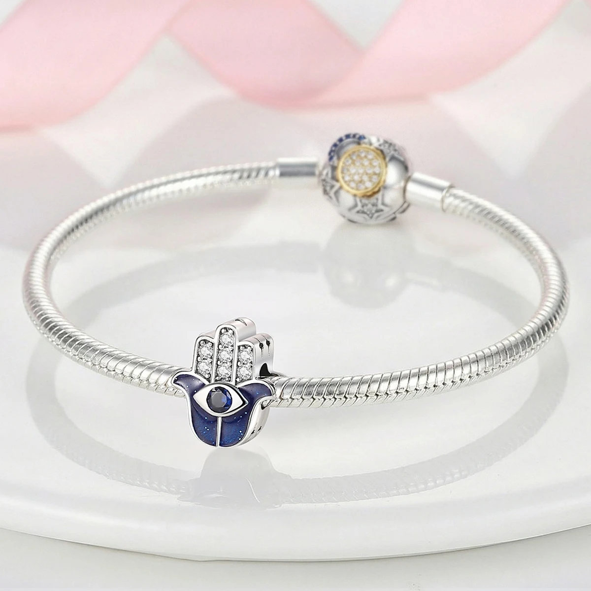 925 Sterling Silver Hamsa Hand Evil Eye Bead Charm Pendant Blue CZ Amulet Jewelry Fit Bracelets Necklaces Women DIY Jewelry