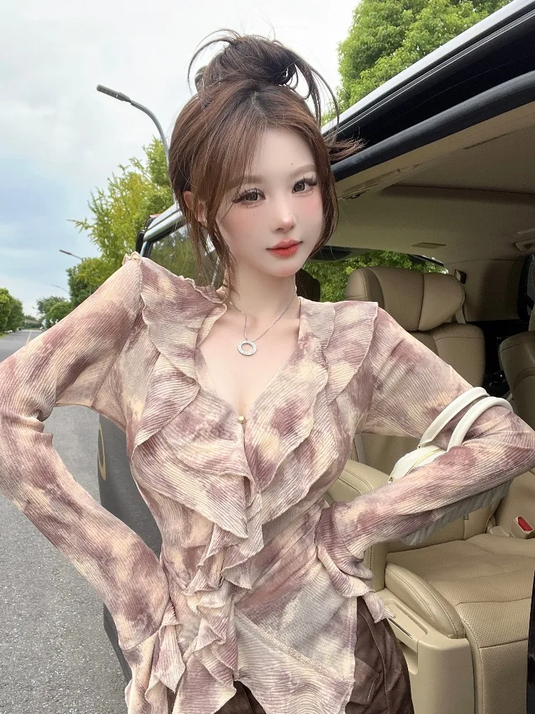 

Sweet Pure Desire Women's Shirt V-Neck Dyed Base Layer Top Beautiful Sunscreen Outerwear Fashionable Korean Style Long Sleeve