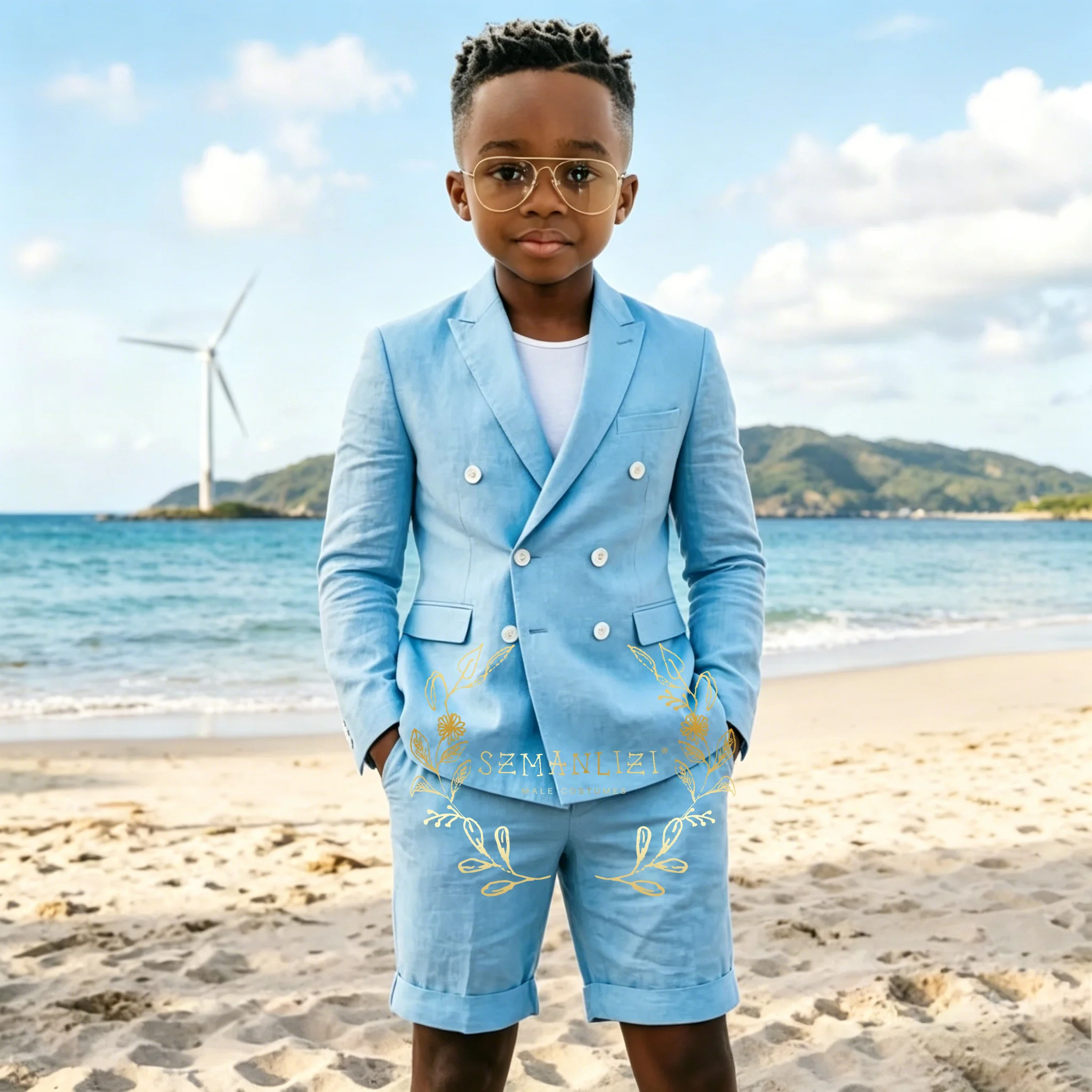 

2 Piece Sets Sky Blue Linen Summer Boy Suits Peaked Lapel Slim Fit Double Breasted Blazer Short Pants Kids Tuxedos Wedding Prom
