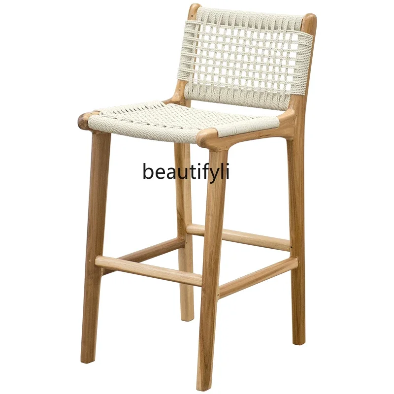 

Island Stool Nordic Homestay Bar Stool Solid Wood Rattan Coffee Shop High Chair Home Dining Chair Stool