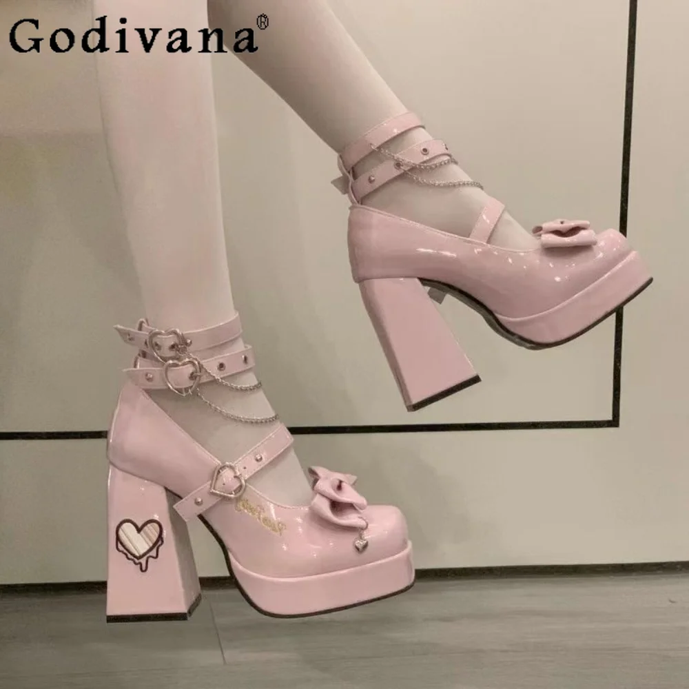 

Lolita Shoes Japanese Mary Jane High Heels Women's Pumps Fashion Princess Bowknot Woman Patent Leather Shoes