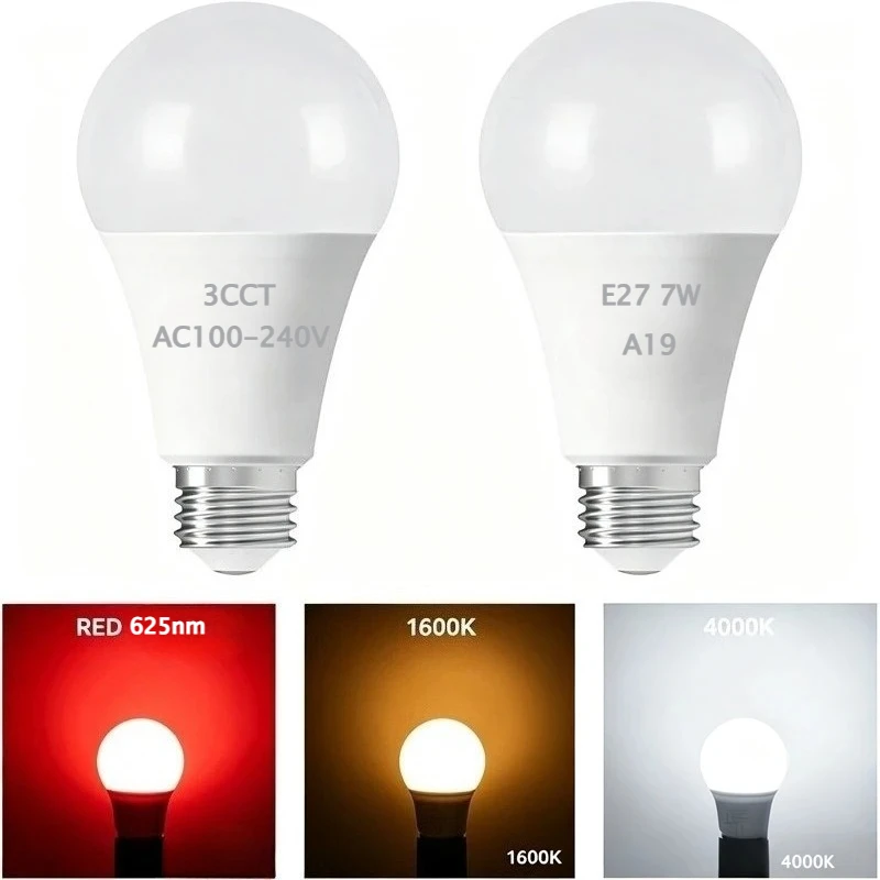 ED Light Bulb A19 3 Color Temperature RED620nm-1600k-4000k 3CCT Color Changing Light Bulbs E27 7W For Bedroom Living Room 2pack