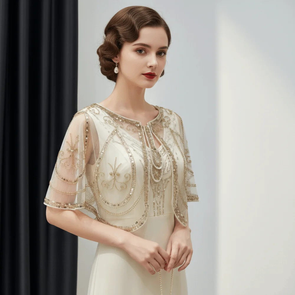 

Retro Sequins Poncho Coat Bling Bling Vintage Style Sequin Beaded Short Cape 1920s Theme Embroidery Evening Wrap