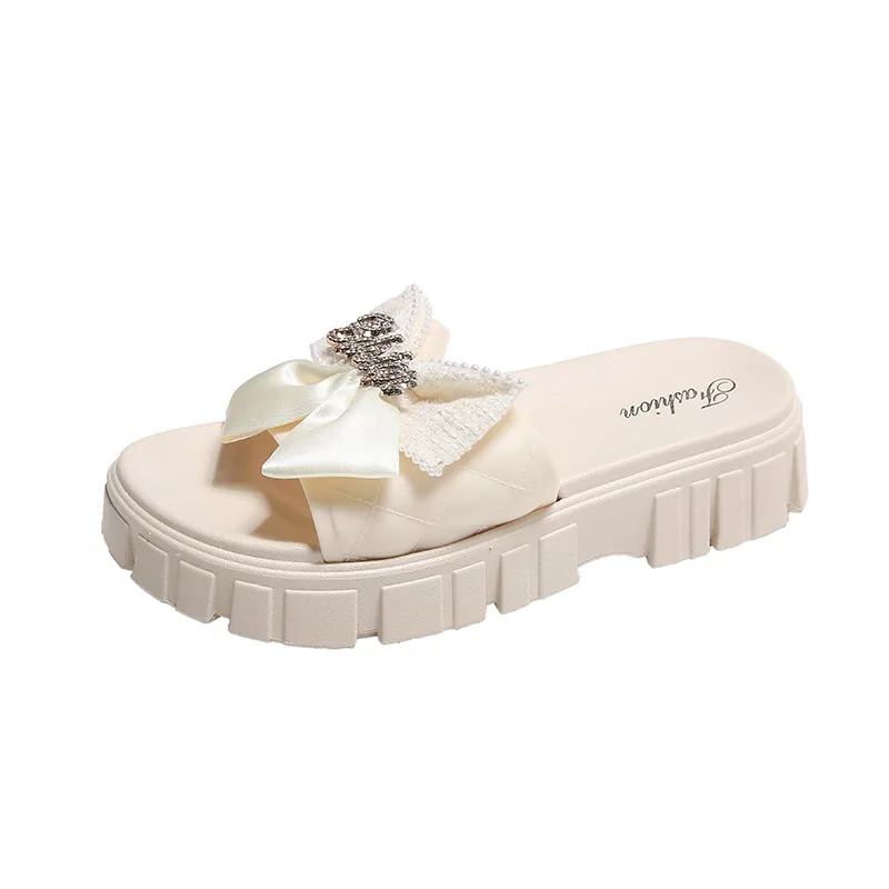 Zapatillas de lazo de lujo de alta calidad para mujer, prendas de vestir de verano, moda informal, suela gruesa, zapatillas de playa antideslizantes, nuevas