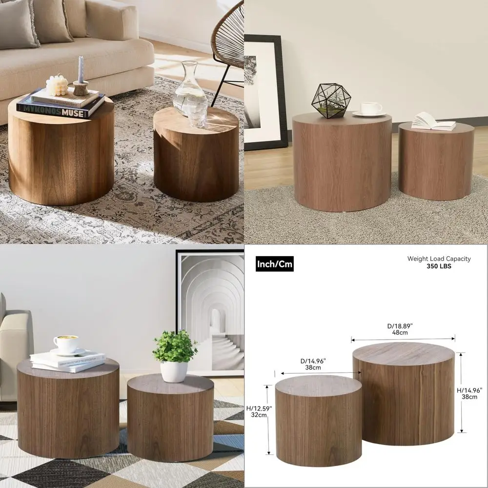 

Modern Coffee Side Tables Set of 2, Small Round Midcentury Style for Living Room, Bedroom, and Office