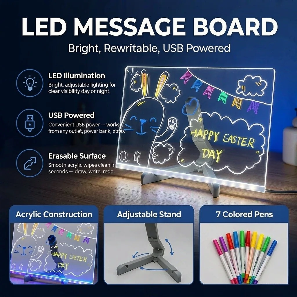 Clear Acrylic LED Message Board with 7 Colored Pens Erasable Night Light Drawing Board Light Up Sign for Bedroom Decor Bar Cafe Shop Menu Display Desktop Memo Board