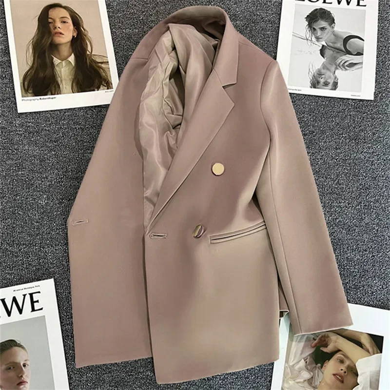 Chique blazer mulher outono primavera manga longa duplo briefsed lapela solto casaco fino jaquetas casuais senhoras do escritório vintage blazers