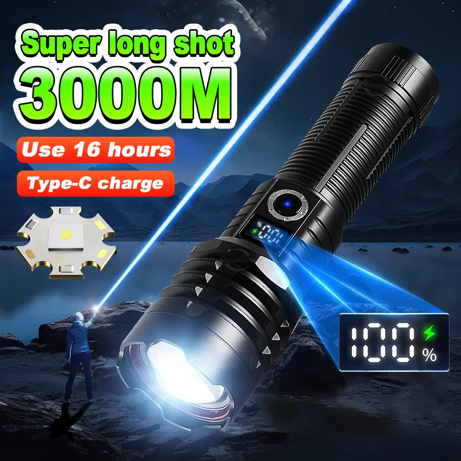 

Ультрамощный фонарь с цифровым электронным дисплеем, перезаряжаемый через USB, водонепроницаемый, для кемпинга и активного отдыха