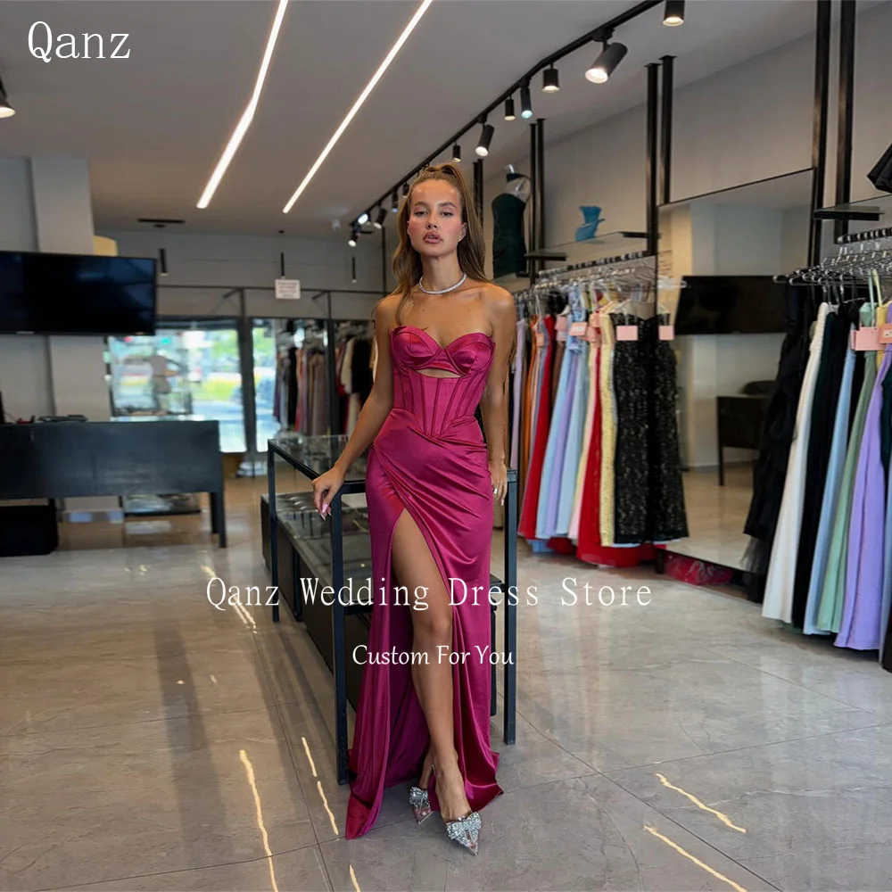 

Qanz Fuchsia Satin Evening Dresses High Side Slit Mermaid Sexy Vestidos De Fiesta Backless Robe De Soirée Femme Customized