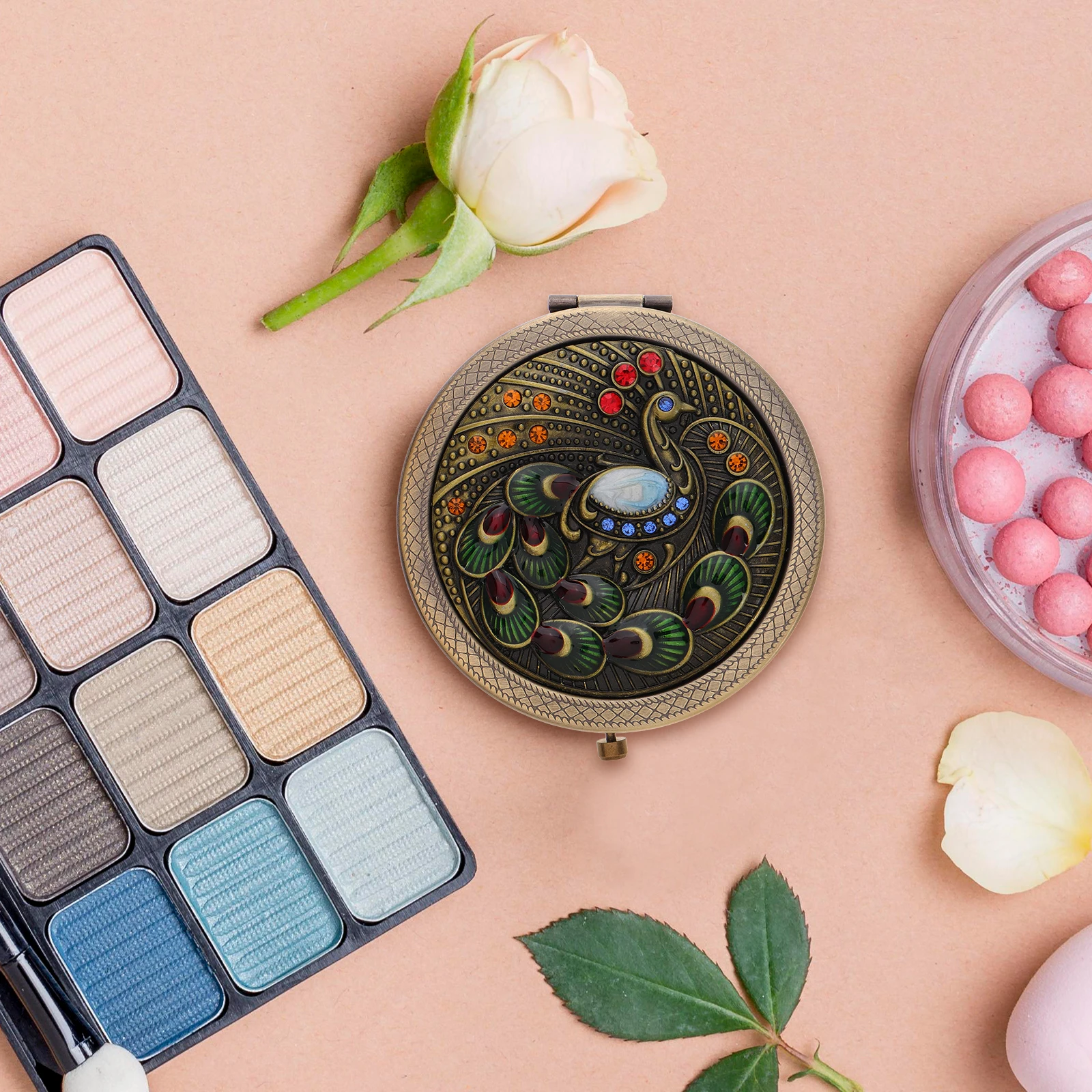 

Vintage Peacock Mini Round Makeup Mirror Gold Folding Compact Portable Small Mirror for Purse Travel Use Compact Mirrors