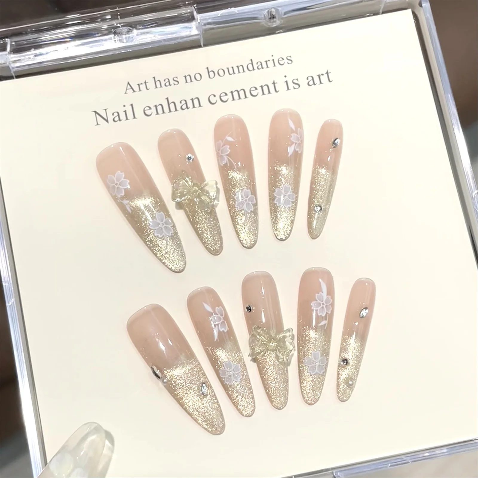 Imprensa feita à mão em unhas borboleta azul glitter cristal curto unhas falsas para mulheres menina wearable doce olho de gato unhas falsas dicas