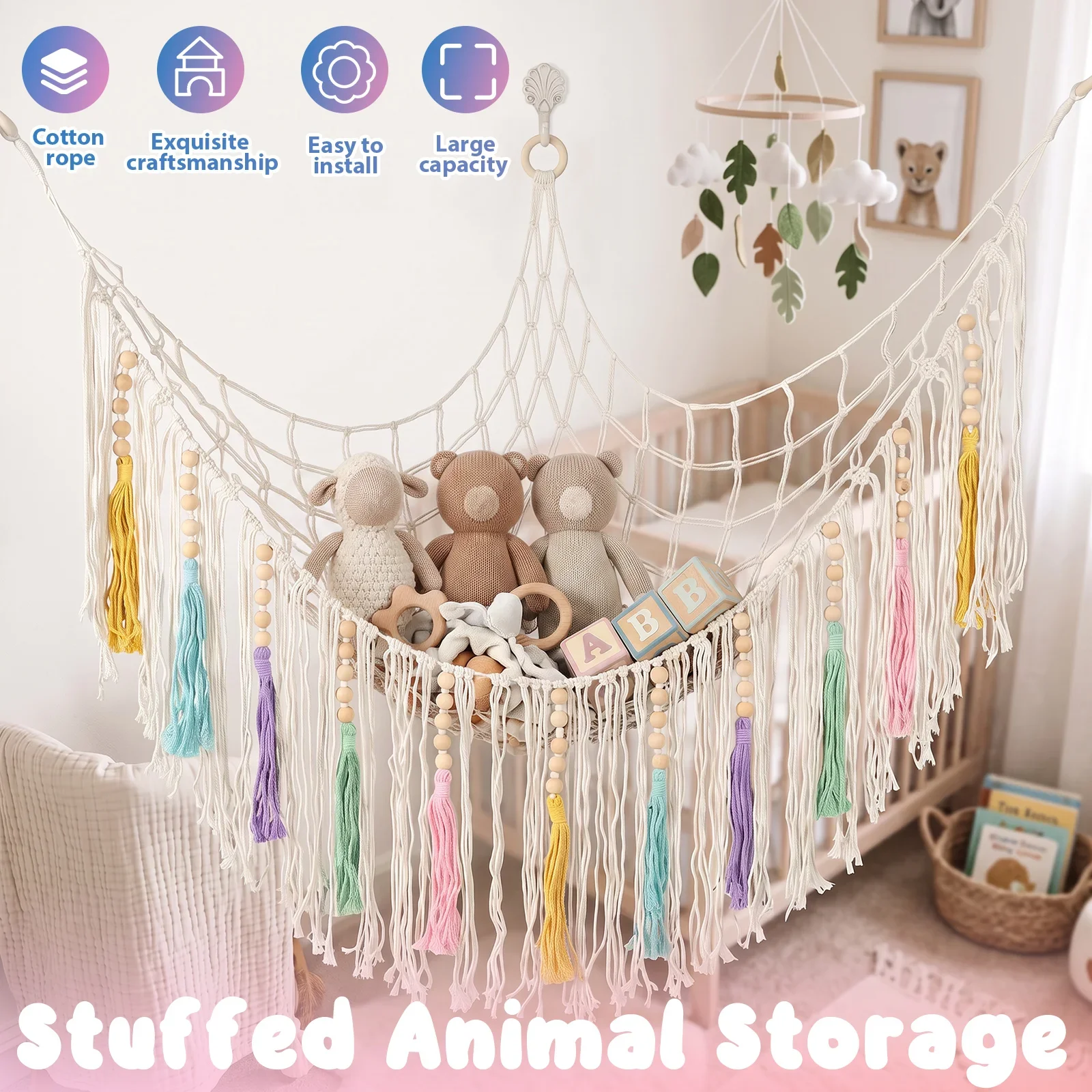 Large-Capacity Plush Animal Hammock Net Hanging Stuff Animal Organizer Holder For Bedroom Nursery Corner Room Decoration
