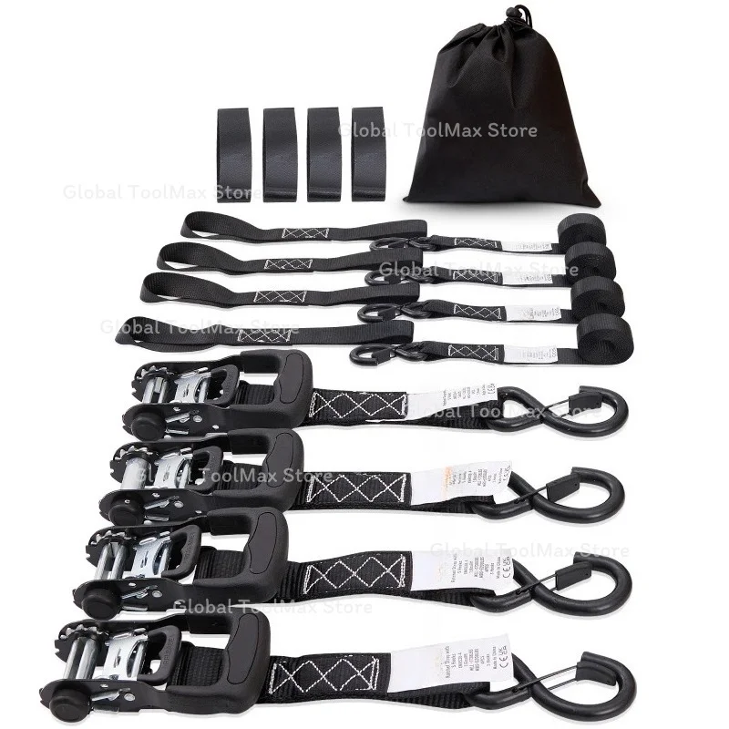 4pcs Trailer Ratchet Tie Down Straps with Padded Handles Hook Brake Binding Belt for Moving Securing Cargo Motorcycle