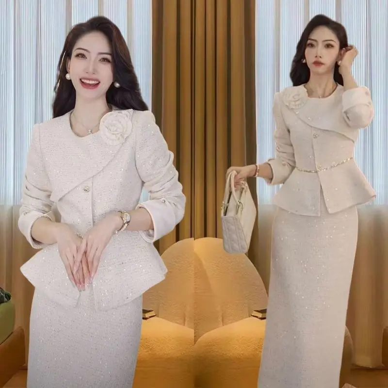 

Новый маленький ароматный осенний женский комплект из двух предметов, элитный элегантный жакет с длинными рукавами и блестками, топ + тонкая юбка, однотонный костюм