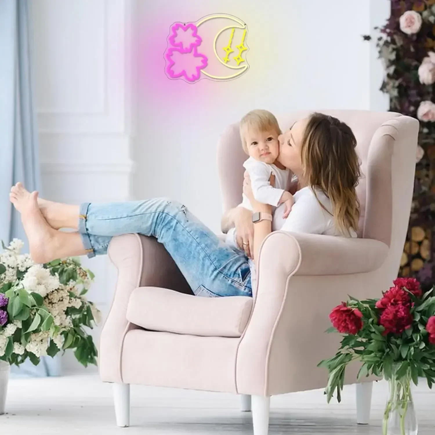 LED Sakura Moon Neon Sign Light for Wall Decor USB Powered Adjustable Brightness for Game Room Bedroom Living Room Decor Gift