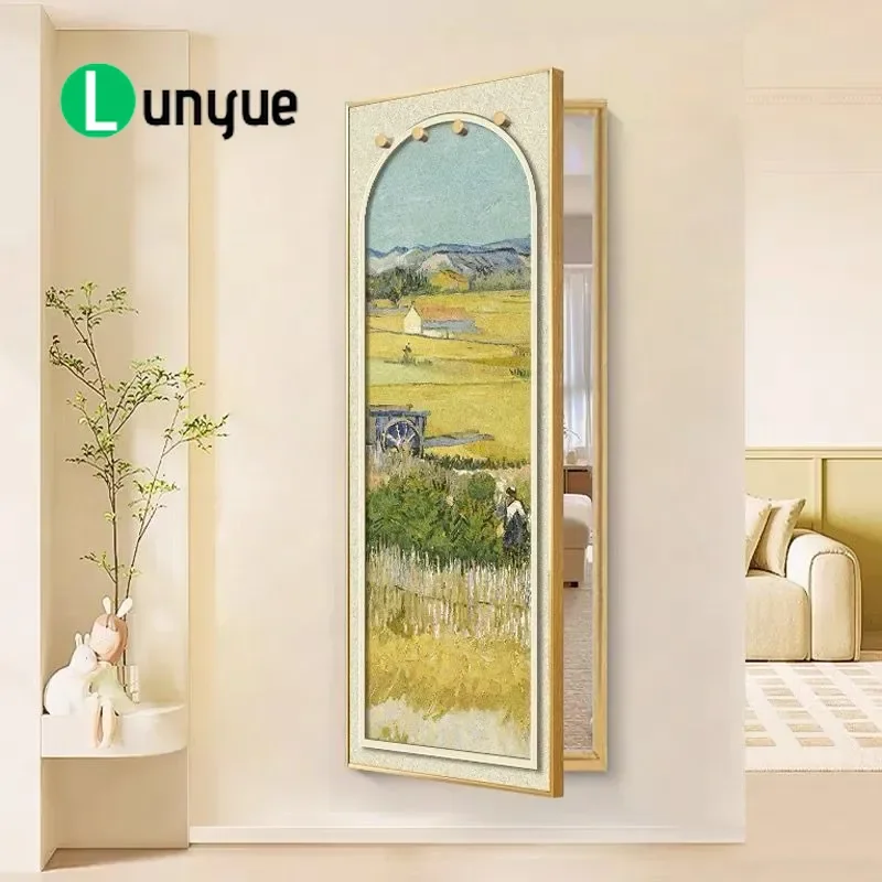 Cream Hidden Push Pull Full Length Mirror with Hooks Wall Mounted Invisible Door Mirror Painting for Entryway Porch Space
