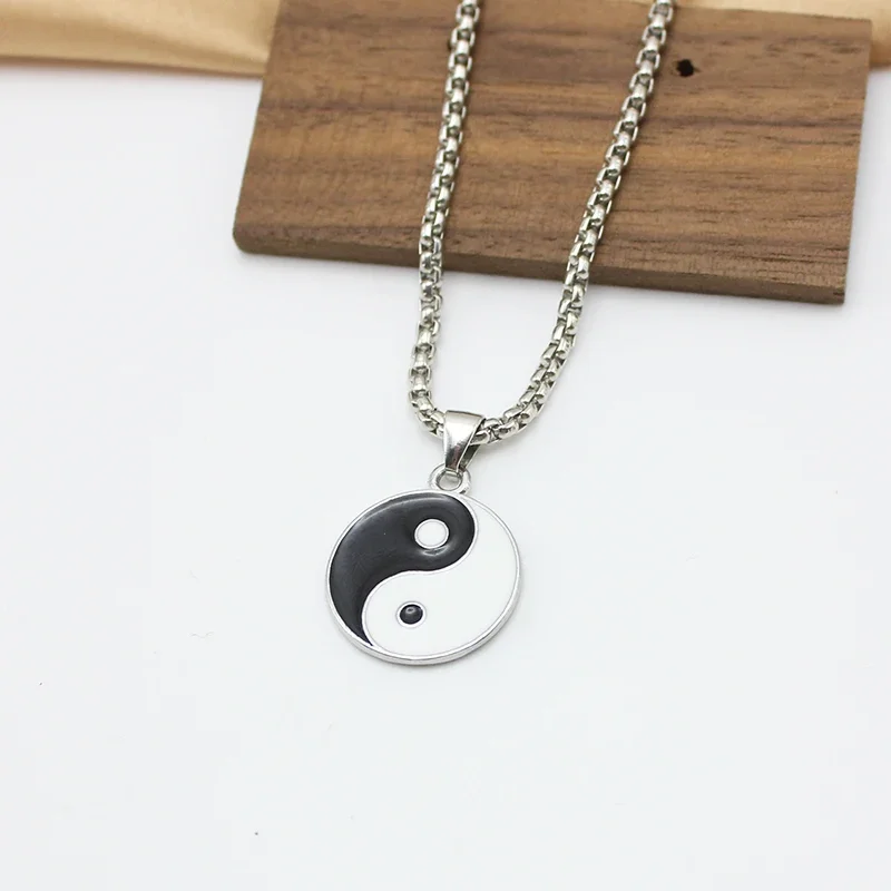 Punk Hiphop Tai Chi Yin Yang Eight Trigrams Pendant Necklaces for Women 70CM Long Chain Black White Enamel Collar Friend Gift