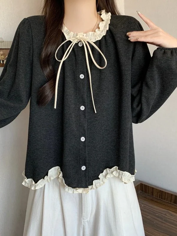 

Korean Style Long Sleeve Shirt Women's plus Size Fashion Spring New Arrival Wood Grain Shoulder Borealis Casual Top