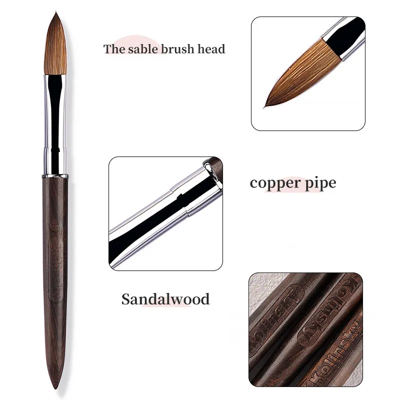 1PC Kolinsky Sable Acrylic Nail Art Brush Nail Extension UV Nail Gel Carving Pen Brush Flat Round Red Wood Acrylic Brush