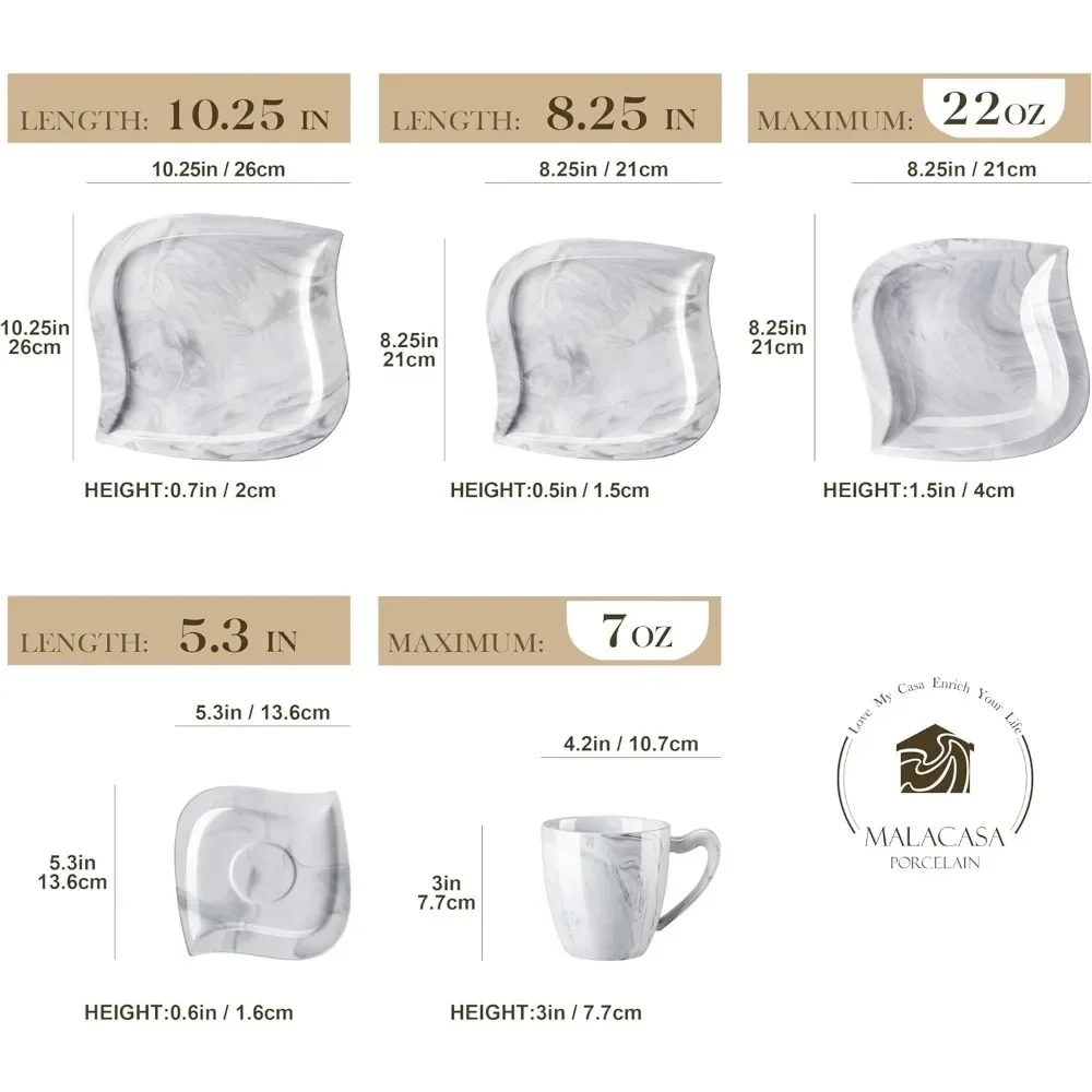 Sets for 6, 30 Piece Porcelain Plates and Bowls Sets Marble Dish Set with Dinner Plate,Cup and Saucer, Square Plates Dinnerware