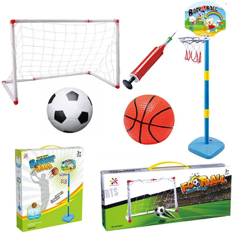 1Set Mini Football Goal Folding Soccer Goal Training Basketball Hoop Kit With Ball Pump Kids Indoor Outdoor Basketball Equipment