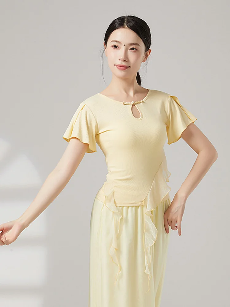 Solid Color Ballet Top for Women, Ruffle Hem Short Sleeve Crew Neck Dance Shirt for Stage Performance & Training