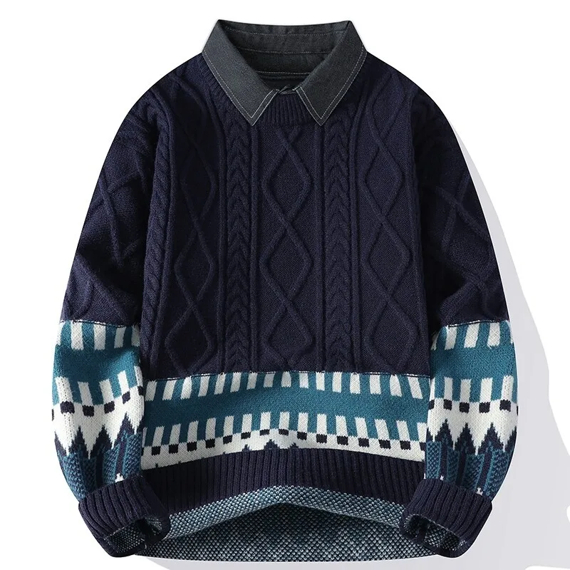 

Осень-зима 2025, мужские вязаные топы с принтом, свитера с отложным воротником и длинными рукавами, повседневный свободный вязаный свитер, пуловеры, топы
