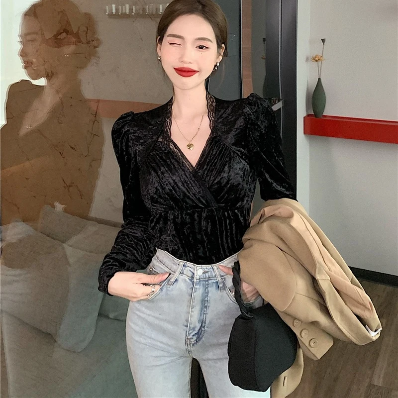 Autumn Bottoming Tops Women Velvet Spliced Lace Blouse New Elegant Fashion V-neck Long Puff Sleeve Shirt Clothes Blusas 29071