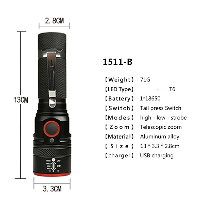 Potente linterna LED recargable de aleación de aluminio, linterna con zoom, resistente al agua, para Camping, senderismo y Pesca