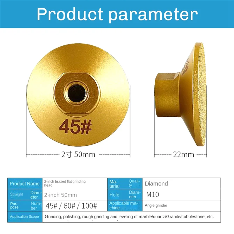 

A15F-2 PCS 100 M10 Brazed Flat Grinding Head Gold Diamond Abrasive Polishing Stone Marble Quartz Cobblestone Grind