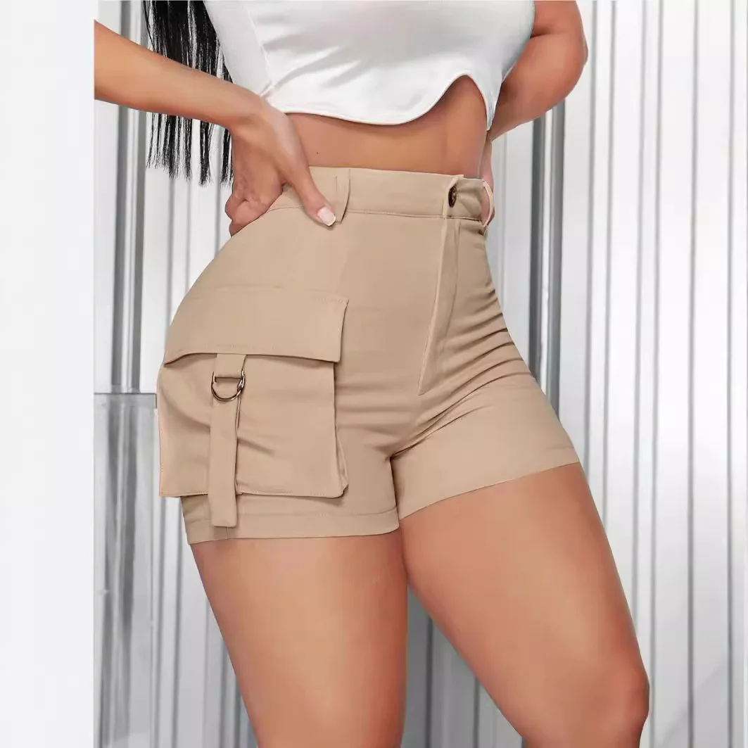 2026 Summer New Women's Tight High-waisted Shorts Side Pocket Flip Pocket