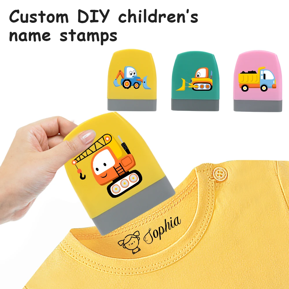 Cartoon Cute Cartoon Bulldozer Student\'S Name Stamp Kindergarten Clothes Waterproof Name Sticker Diy Stamp Gift name toy stamp