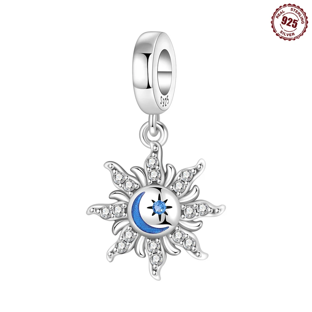 925 Sterling Silver Sun Moon Star Dangle Charm Bead Moon Clear CZ Sun Ray Bracelet Bead Women Cosmic Harmony Hope Jewelry Gift