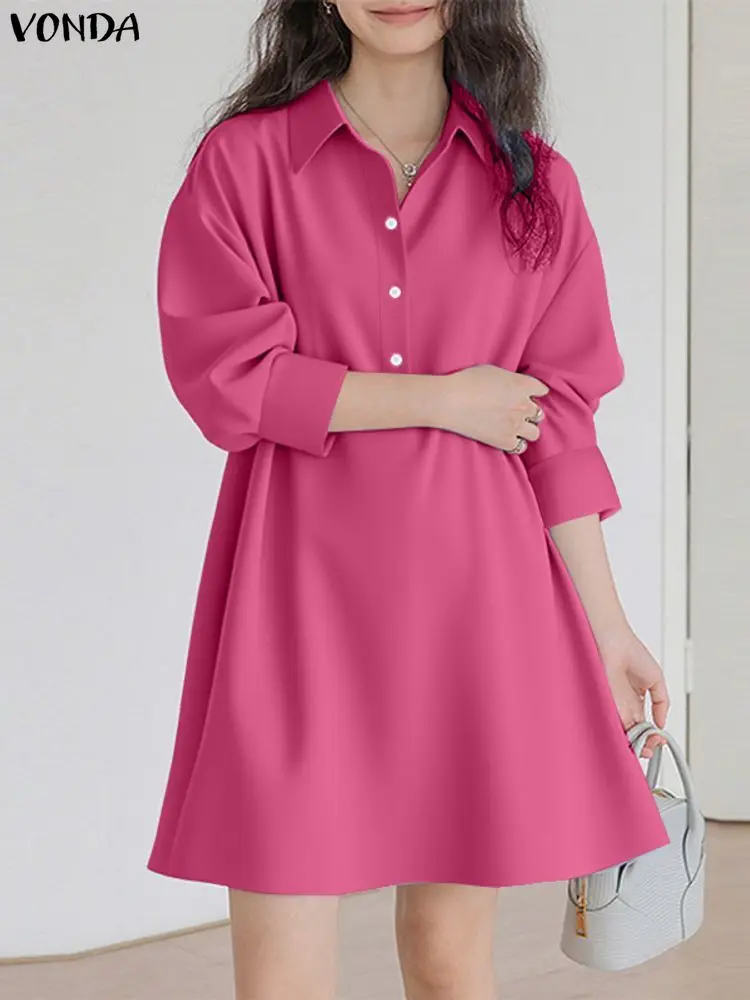 

Plus Size 5XL VONDA Women Mini Dresses Sexy Long Sleeve Lapel Casual Shirt Vestidos 2025 Fashion Solid Color Short Sundress Robe