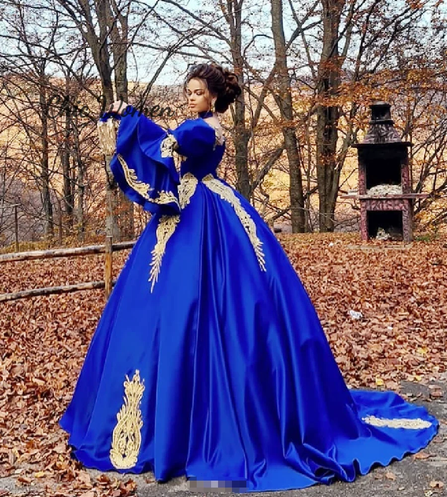 Traditional Moroccan Royal Blue Evening Dress With Gold Lace Satin Long Sleeve Marocain Prom Dress Elegant Dubai PartyCustomized