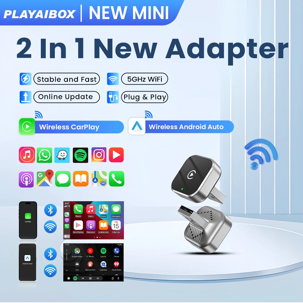 PLAYAIBOX Wireless 2IN1 CarPlay Android Auto Wireless Supermini Box Adapter Plug And Play Dongle Bluetooth WiFi Fast Connect