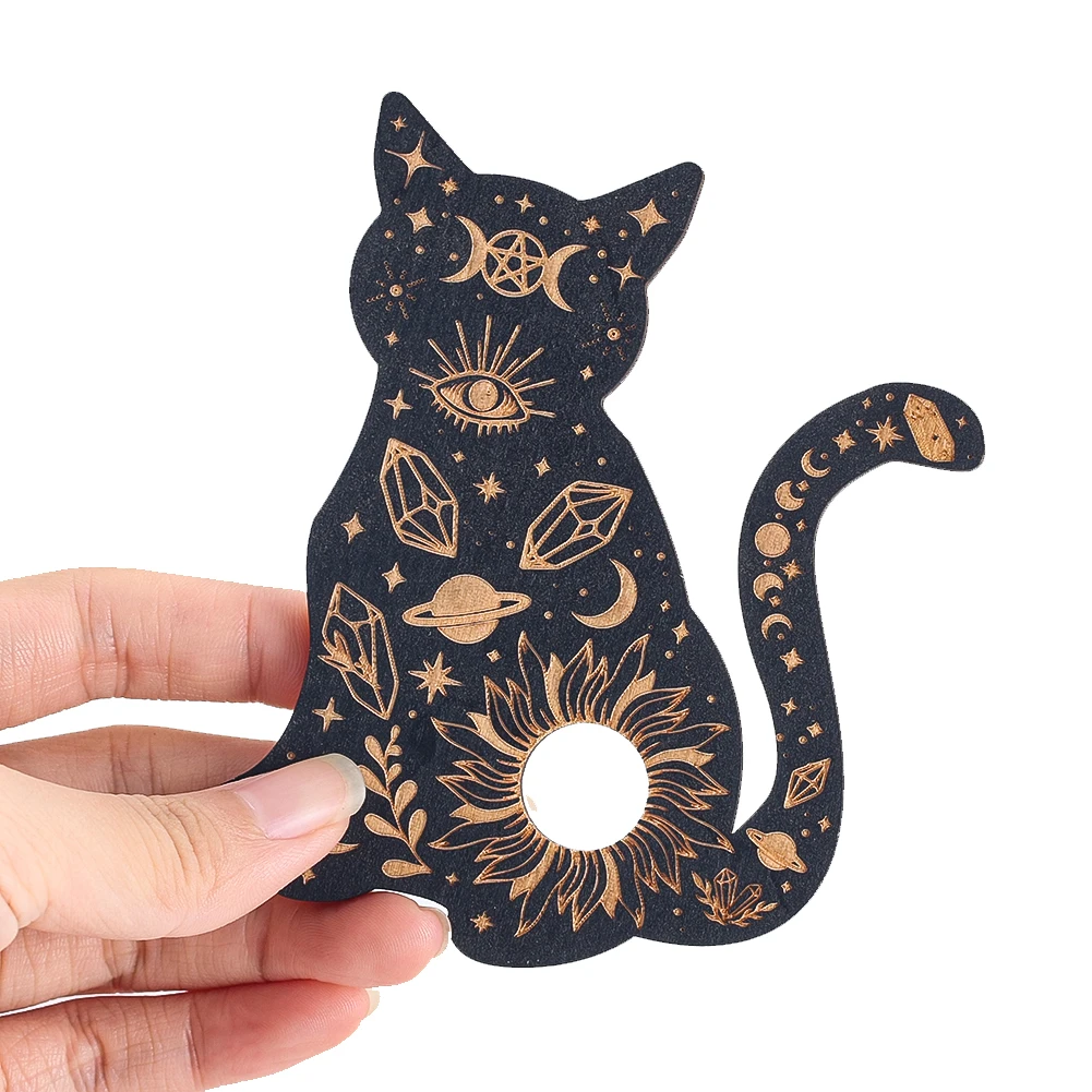 10cm Black Cat Hollowed Out Wooden Crystal Display Base Laser Engraved Yoga Meditation Board Coaster Home Decor Accessories