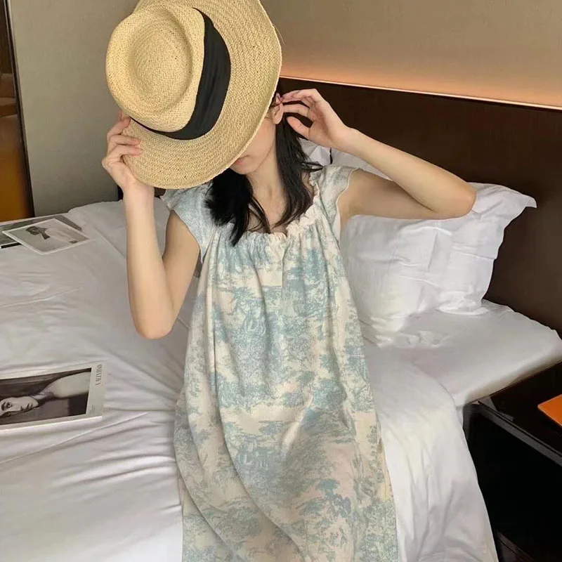 Women Nightgown Sleepwear Print Short Sleeve Night Dress Summer Night Wears Korean O-neck Sleeping One Piece Pajamas 2024 New