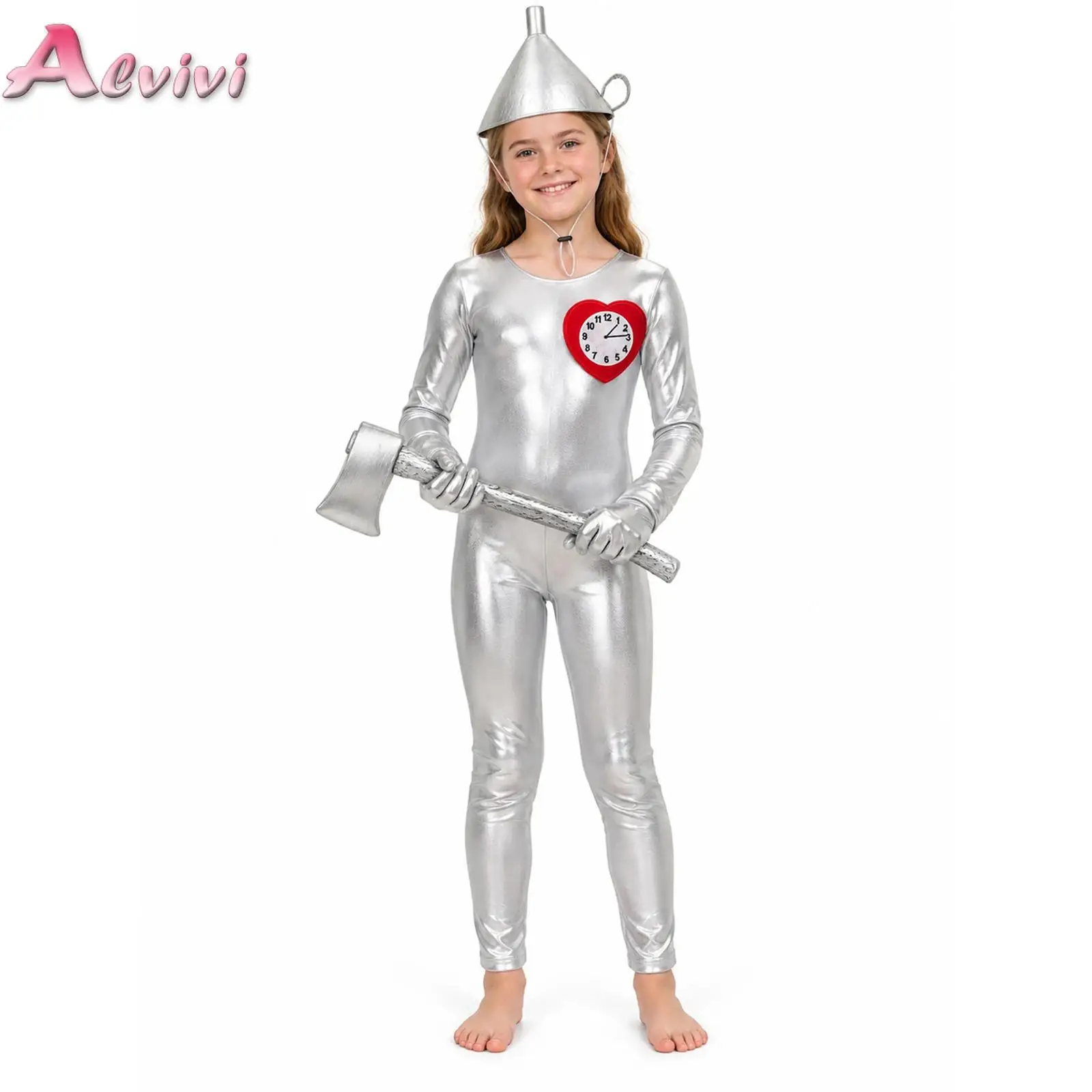 Kids Girls Tin Costume Long Sleeves Ballet Dance Gymnastics Jumpsuit with Hat Axe Gloves And Heart Clock Brooch for Themed Party