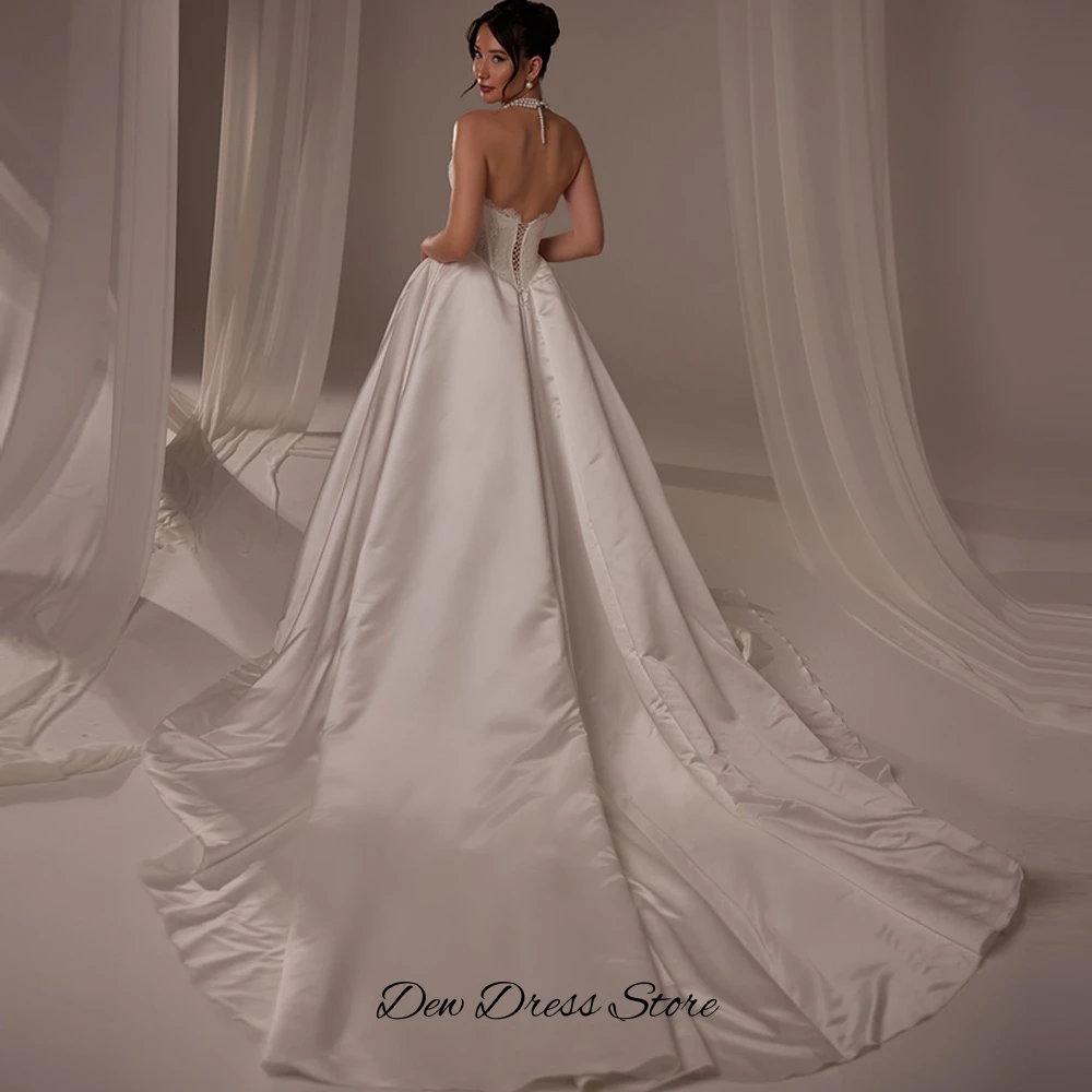 Simple Customized Satin A-Line Vestido De Novia High Quality Appliques Strapless Wedding Dress Elegant Lace Up Back Bridal Gowns