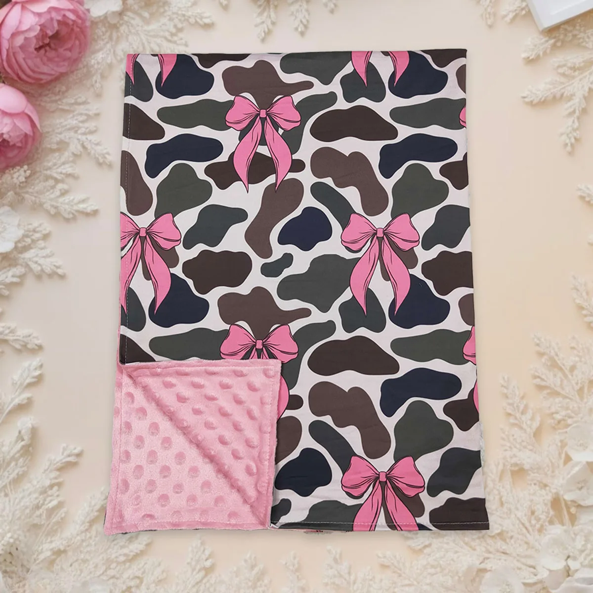 

Детское постельное белье для младенцев, флисовое дышащее камуфляжное одеяло с розовыми бантами, хлопковое фланелевое одеяло для новорожденных, тонкое одеяло, оптовая продажа